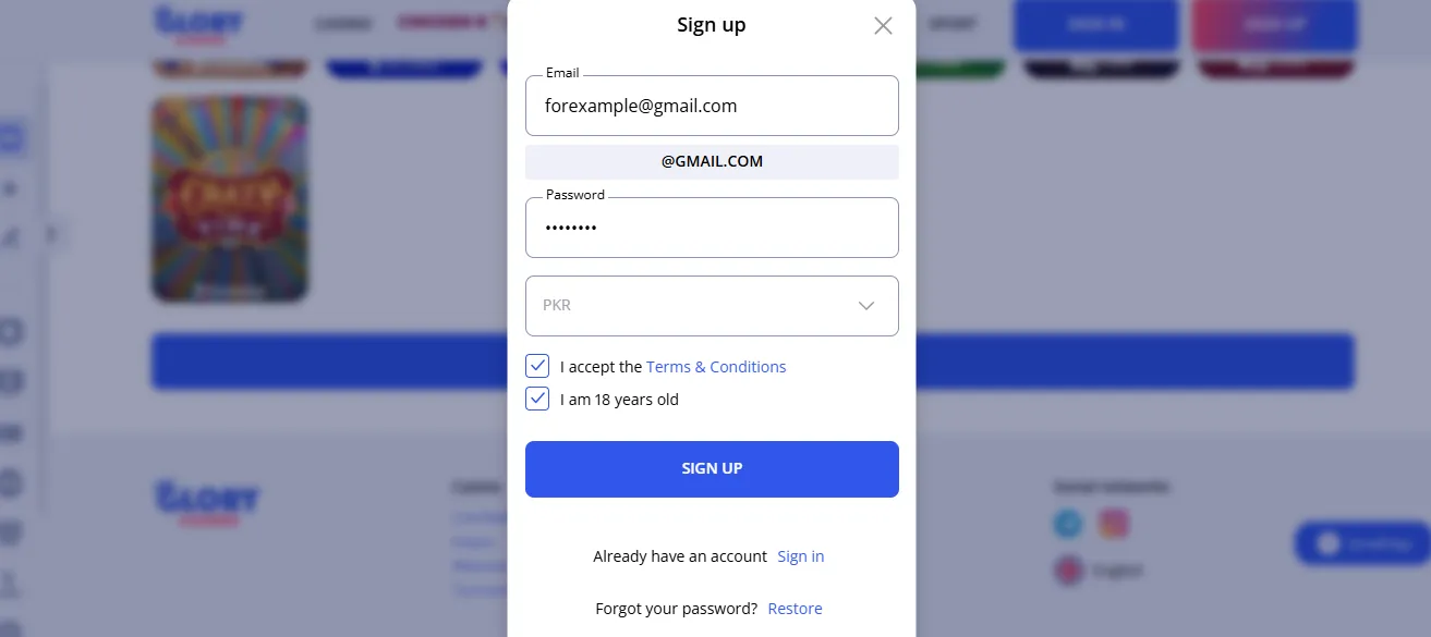 Creating an account at Glory Casino