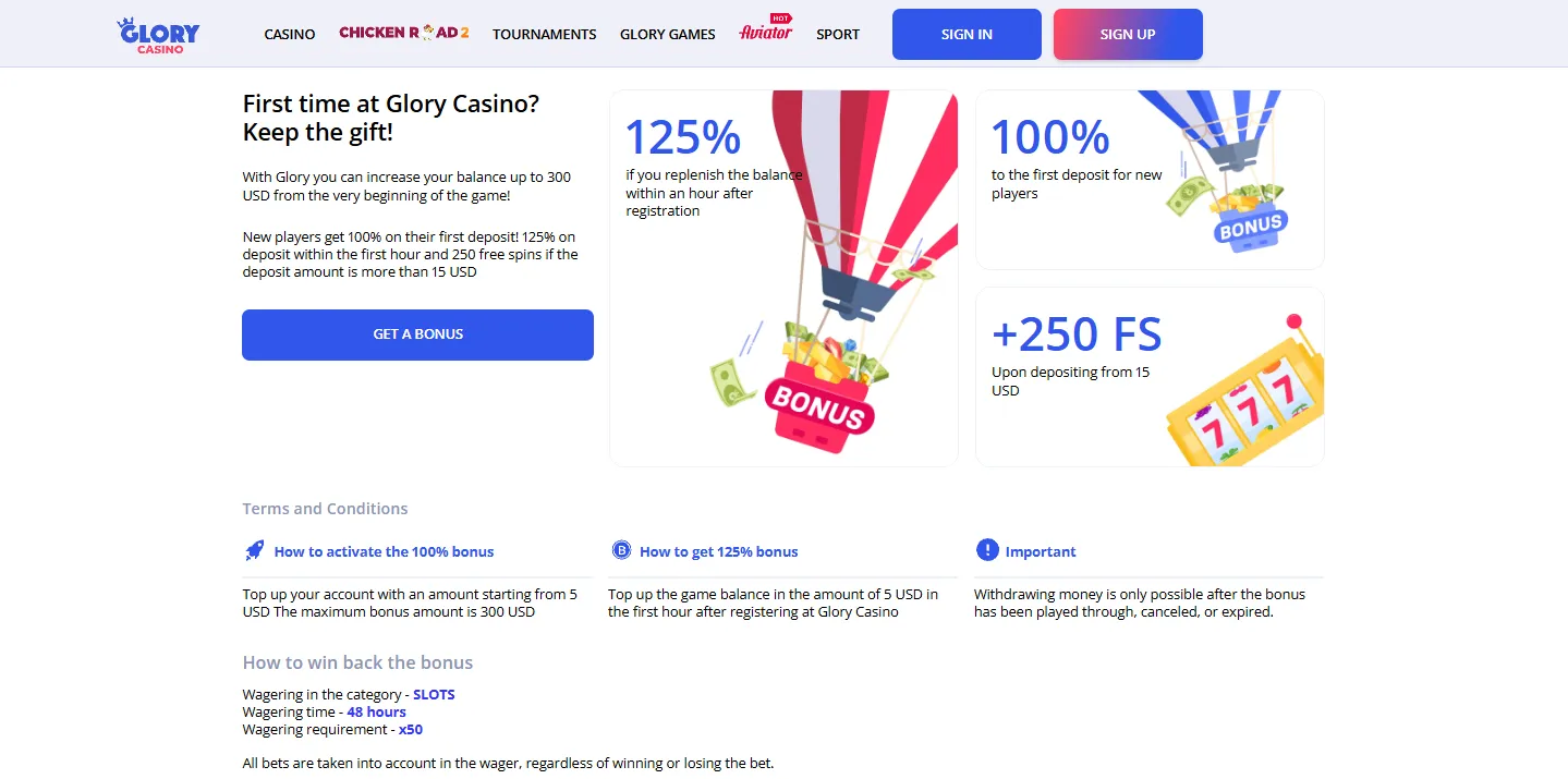 Bonuses and promotions in Glory Casino app