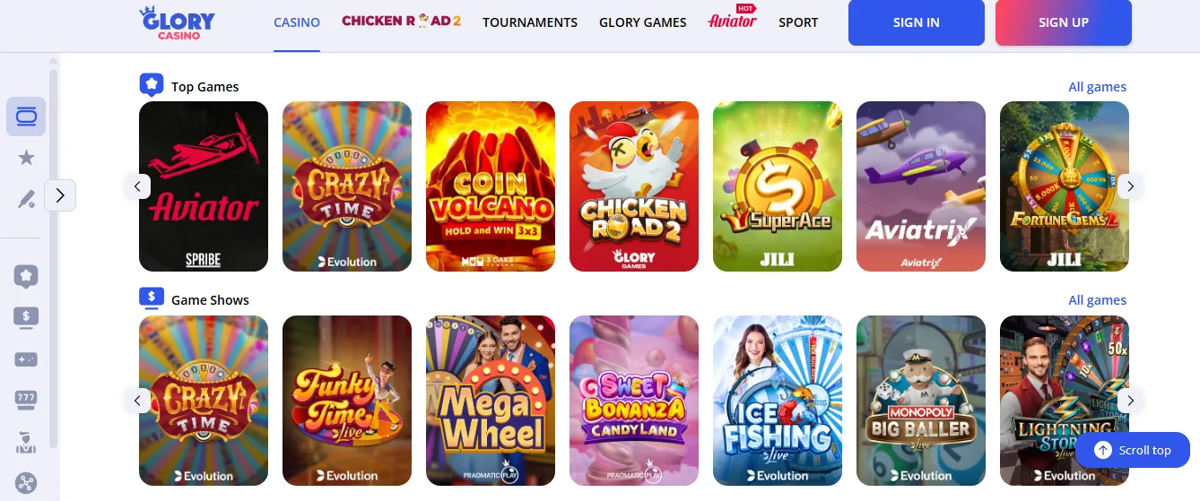 Glory Casino mobile app and site